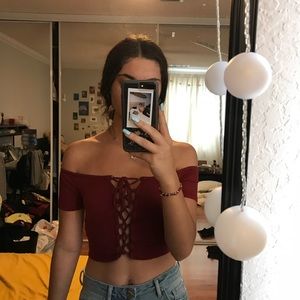 red orange lace up off the shoulder crop top